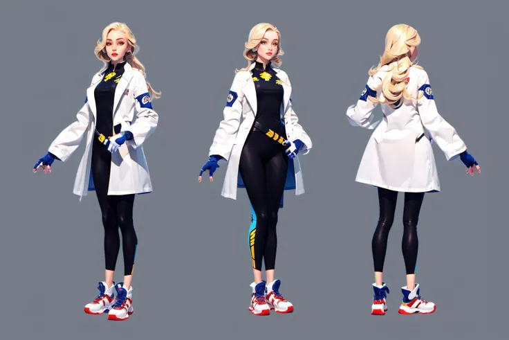 multi-view,front view,side view,rear view,reference sheet,character design,1girl,solo,blonde,long hair,white background,simple background,fingerless gloves,full body,white footwear,pantyhose,standing,shoes,looking at the audience,black gloves,lips,leggings,white coat,multi-layered coat,<lora:xieshisanshitu:1>,