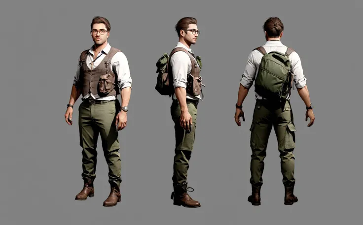 Multi-view,front view,side view,rear view,reference table,game character design,1boy,shirt,wristwatch,pants,watch,brown hair,male focus,white shirt,grey background,green pants,vest,simple background,backpack,boots,glasses,standing,multiple views,full body,bag,looking at viewer,sleeves rolled up,arms at sides,short sleeves,belt,short hair,<lora:xieshisanshitu:1>,