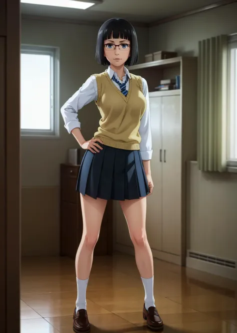 (full body shot, masterpiece, best_quality, ultra-detailed, immaculate:1.3),
BREAK
<lora:sasaki, blue eyes, glasses, blunt bangs, short hair, black hair:0.55> sasaki, blue eyes, glasses, 1girl, solo, blunt bangs, short hair, black hair, female focus, serious, looking at viewer, large breasts, school uniform,white shirt,collared shirt,necktie,sweater vest, pleated skirt, socks, shoes, posing for photo, standing,
<lora:detail_slider_v4:1>
BREAK
bedroom,