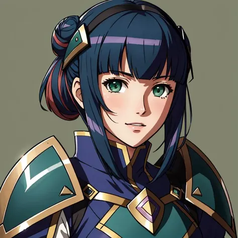 Fire Emblem, Catria (Fire Emblem), Catria (Fire Emblem Gaiden), Catria (Fire Emblem Echoes: Shadows of Valentia), (simple background, green background:1.3), light top left, heavy armor, helmet, 1Girl, ager, Double Bun, Multicolored Hair, Black Hair, Pink Hair, (Happy:1.3)