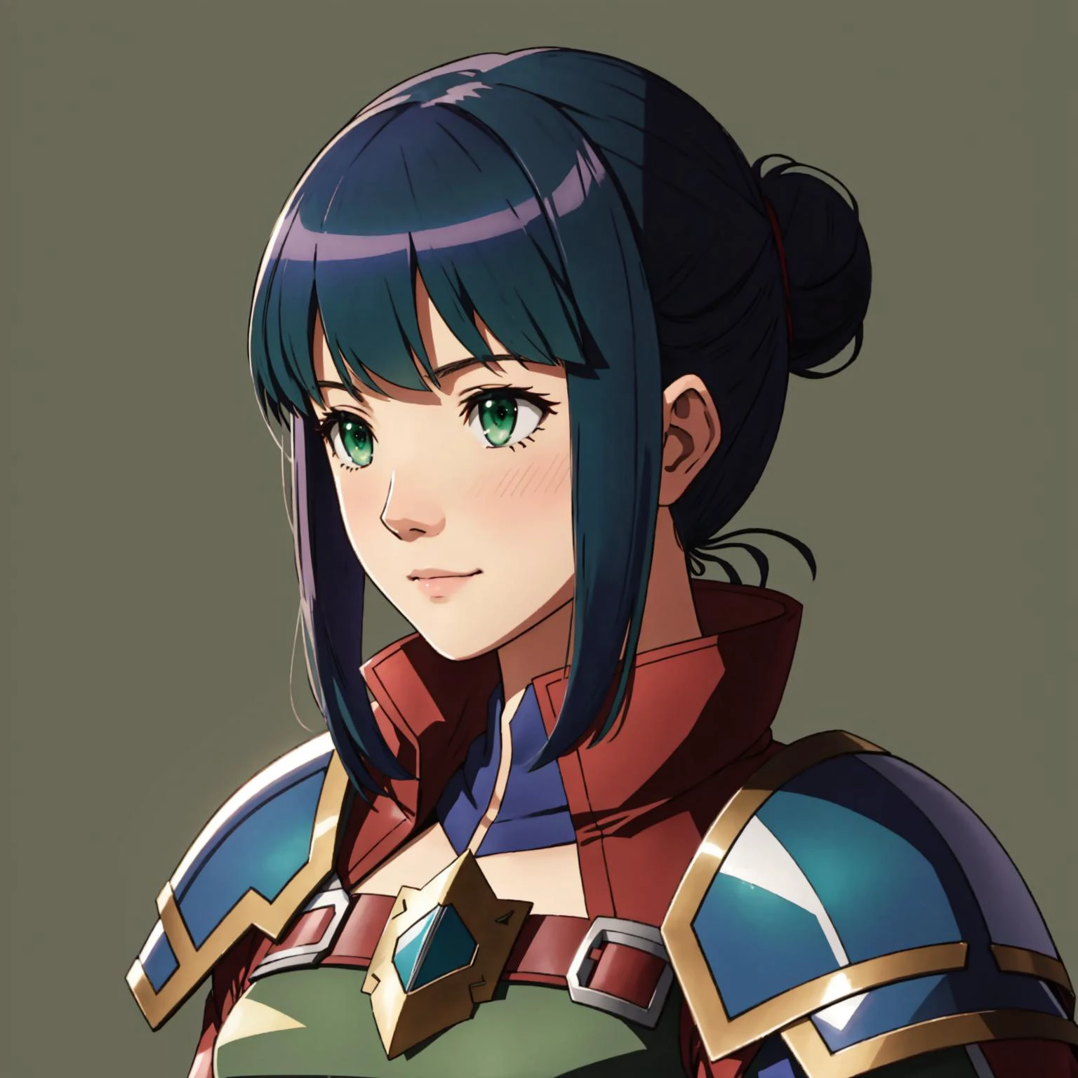 Fire Emblem, Catria (Fire Emblem), Catria (Fire Emblem Gaiden), Catria (Fire Emblem Echoes: Shadows of Valentia), (simple background, green background:1.3), light top left, Armor, 1Girl, ager, Double Bun, Multicolored Hair, Black Hair, Pink Hair, (Happy:1.3)