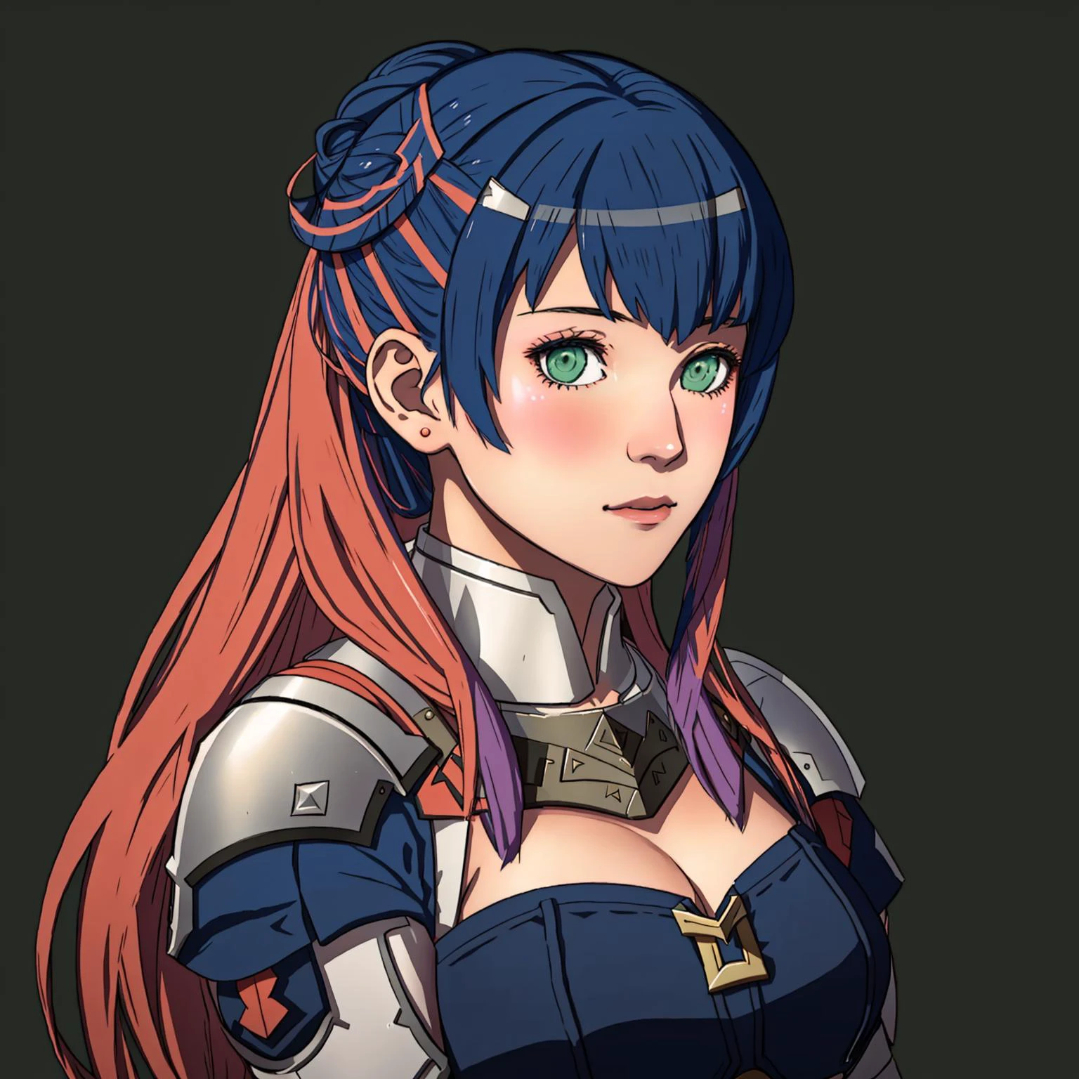 Fire Emblem, Catria (Fire Emblem), Catria (Fire Emblem Gaiden), Catria (Fire Emblem Echoes: Shadows of Valentia), (simple background, green background:1.3), light top left, Armor, 1Girl, ager, Double Bun, Multicolored Hair, Black Hair, Pink Hair, (Happy:1.3)