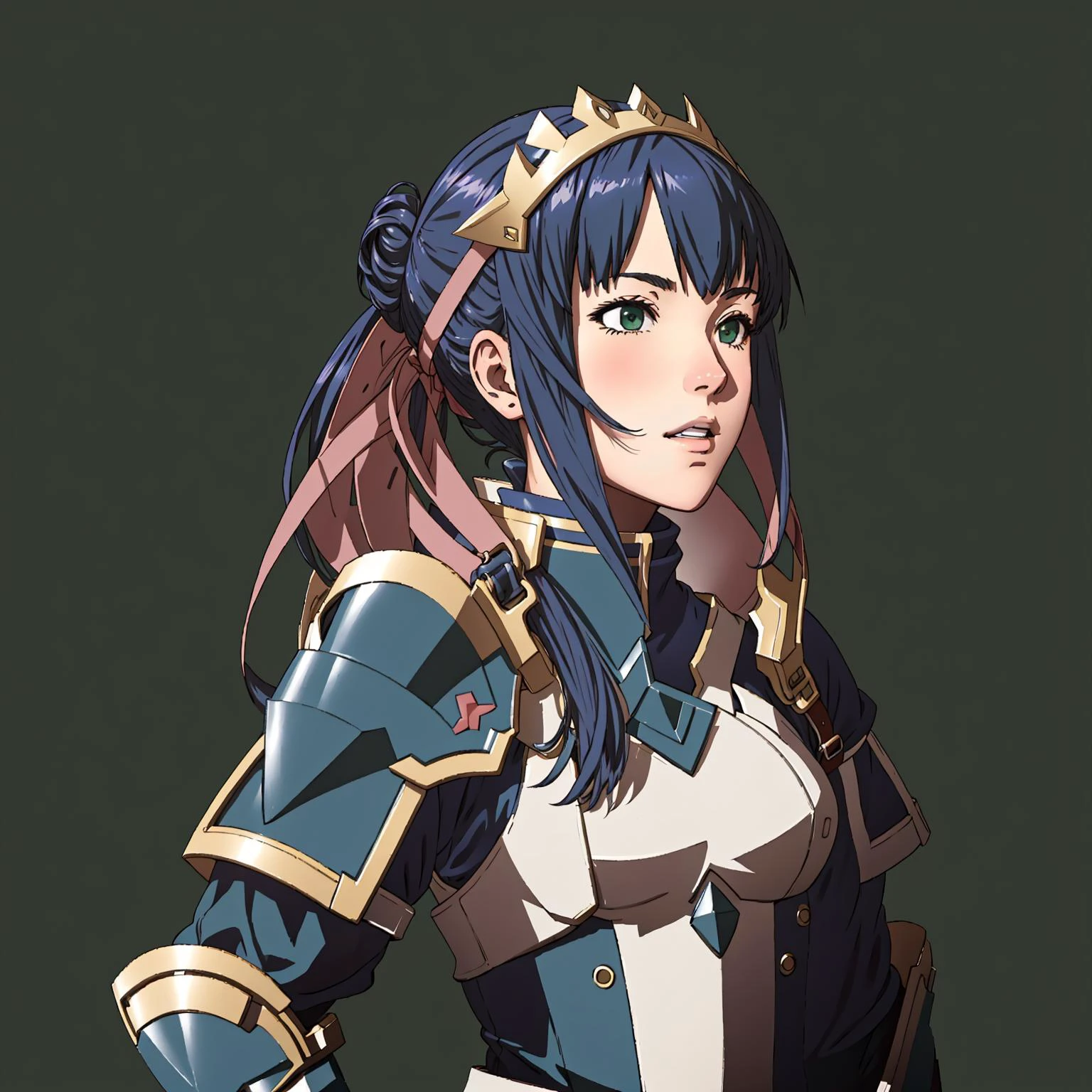 Fire Emblem, Catria (Fire Emblem), Catria (Fire Emblem Gaiden), Catria (Fire Emblem Echoes: Shadows of Valentia), (simple background, green background:1.3), light top left, heavy armor, helmet, 1Girl, ager, Double Bun, Multicolored Hair, Black Hair, Pink Hair, (Happy:1.3)