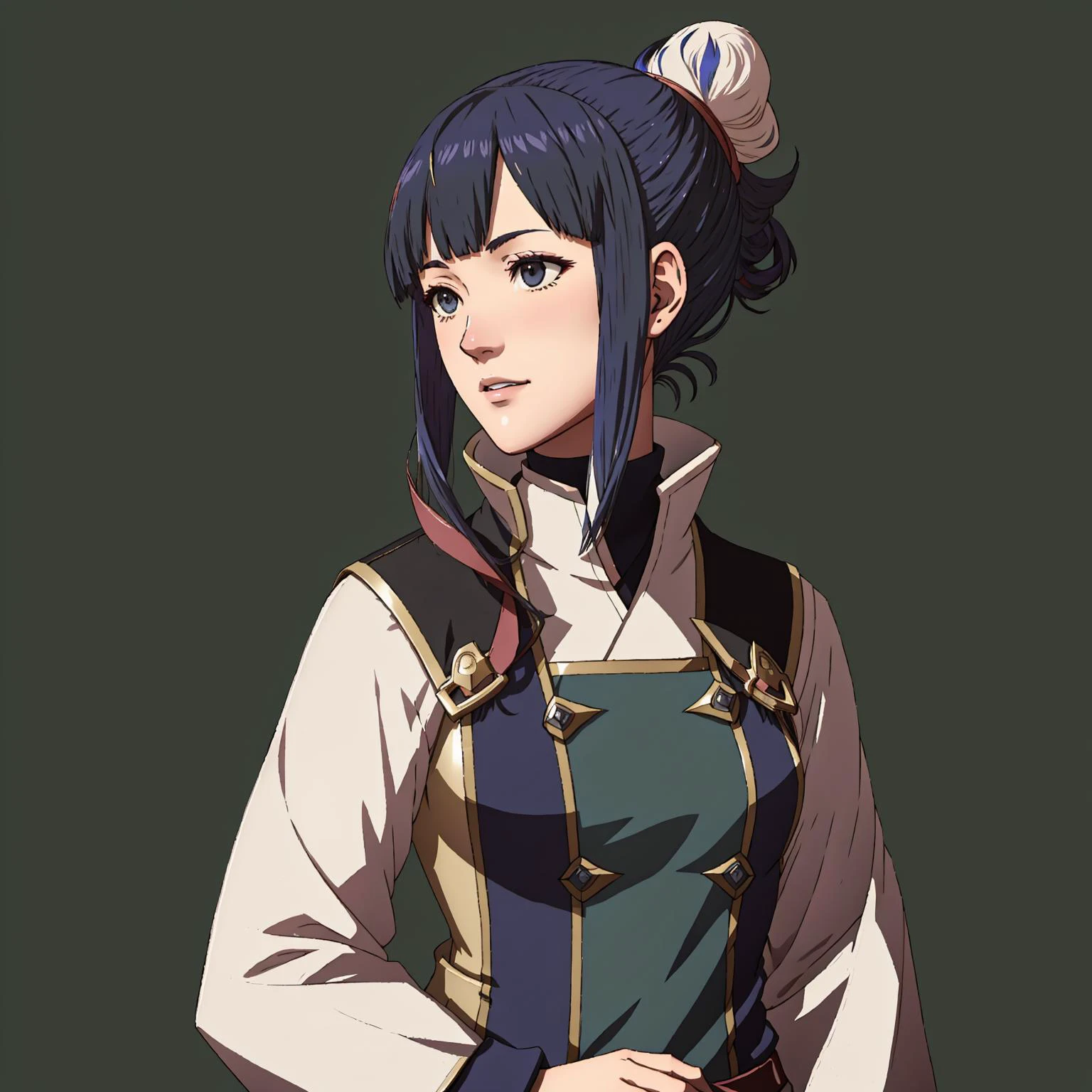 Fire Emblem, Catria (Fire Emblem), Catria (Fire Emblem Gaiden), Catria (Fire Emblem Echoes: Shadows of Valentia), simple background, green background, light top left, Nehru Jacket, 1Girl, ager, Double Bun, Multicolored Hair, Black Hair, Pink Hair, (Happy:1.3)