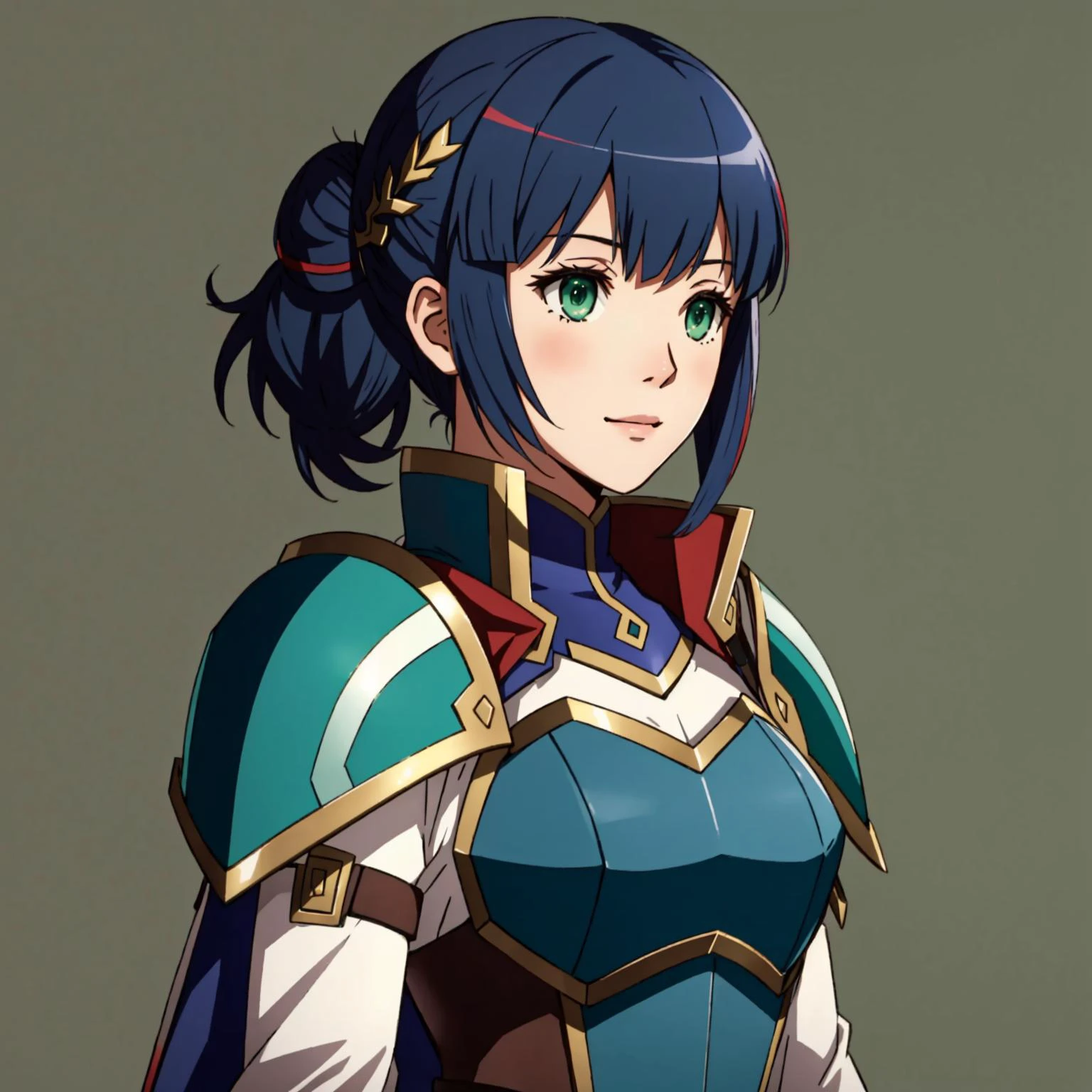 Fire Emblem, Catria (Fire Emblem), Catria (Fire Emblem Gaiden), Catria (Fire Emblem Echoes: Shadows of Valentia), (simple background, green background:1.3), light top left, heavy armor, helmet, 1Girl, ager, Double Bun, Multicolored Hair, Black Hair, Pink Hair, (Happy:1.3)