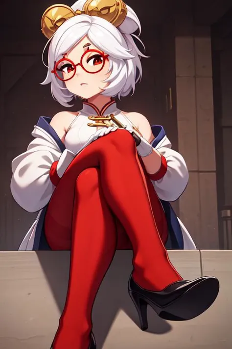 ((extreme detail)),(ultra-detailed), extremely detailed CG unity 8k wallpaper, best quality, <lora:Purah:0.7>purah_totk, gold hair ornament, hair stick, sleeveless shirt, white jacket, red glasses, black gloves, red pantyhose, high heels, looking at viewer, holding, sitting, crossed legs, full body,