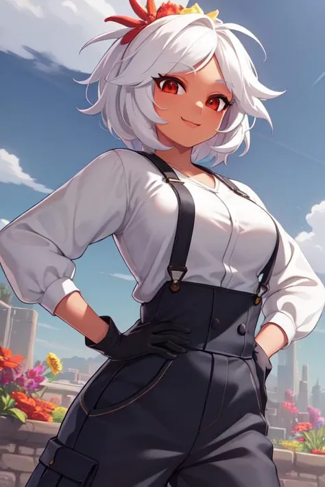 ((extreme detail)),(ultra-detailed), extremely detailed CG unity 8k wallpaper, best quality, <lora:Purah:0.65>purah_totk, hair flower, dark skin, black gloves, edg90hh, in overalls posing for a picture ,wearing edg90hh_clothing, <lora:edg90hh:0.9> hand on hip, smile, (colorful background, water, cloud, sky, flowers,:1.2)