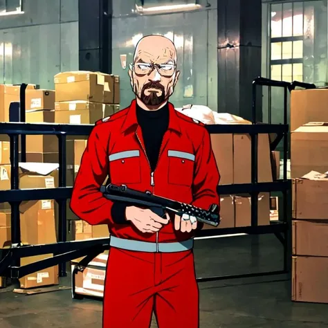 walter_white, looking_at_viewer, red_jump_suit, industrial_warehouse, holding_weapon, (sterling, smg, holding,)