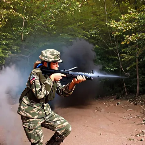 1girl, soldier, taking cover, (sterling, smg, hip_firing,), muzzle flash, smoke,