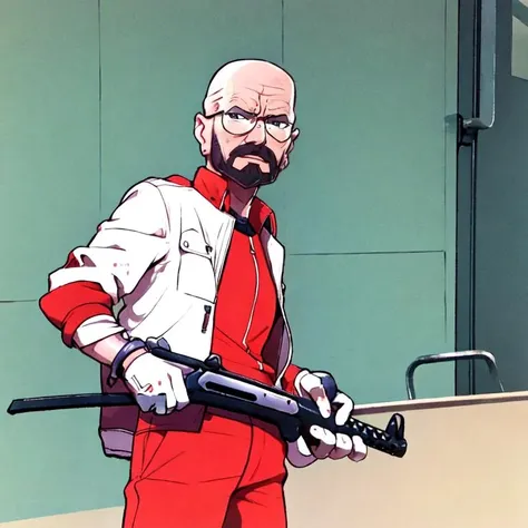 walter_white, looking_at_viewer, red_jump_suit, industrial_warehouse, holding_weapon, (sterling, smg, holding,)