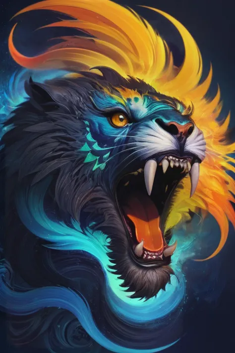 chimera with fearsome roar psychedelic art in drdjns style, intricate details, symbols, abstract, realism, sharp focus, masterpiece, sharp details, sfw <lora:drdjns:0.8>