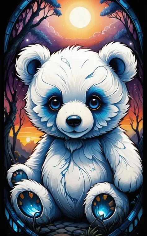 best quality, dark tales, close up cute white and blue teddy bear detailed face, big eyes, summer sunset , concept art, Craola, Dan Mumford, Andy Kehoe, 2d, flat, cute, adorable, vintage, art on a cracked paper, fairytale, patchwork, stained glass, storybook detailed illustration, cinematic, ultra highly detailed, tiny details, beautiful details, mystical, luminism, vibrant colors, complex background,