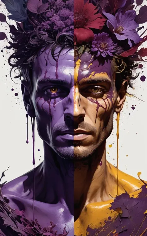 character splash art with expressive paint splashes,
Split-Complementary colors of (Deep Purple, Maroon, Gold), 60-30-10 color rule, damask fine details.
stunningly beautiful model, perfectly detailed face, hyperdetail eyes, well-dressed,
complex background with intricate details, depth of field, vanishing point,
Art inspired by Carne Griffiths and Art by Wadim Kashin,
Bold digital painting that showcases vibrant and contrasting color schemes creating dramatic landscapes and cityscapes. A unique mixed media piece that utilizes unconventional materials such as tea, brandy, vodka, and ink to create fluid, organic lines and intricate patterns. Use of strong lighting and shadow, giving a sense of depth and atmosphere. Architectural structures are woven seamlessly into nature, blending the line between man-made and natural elements. The work blends abstract forms with figurative elements, often featuring a human face or figure emerging from a chaos of vibrant, flowing lines. Artwork that encompasses a surreal and dreamlike quality, with a touch of mysticism and enchantment. The fusion of the precise with the random, where careful detail meets uncontrolled spontaneity, evokes a sense of dreamlike surrealism by Satori Canton