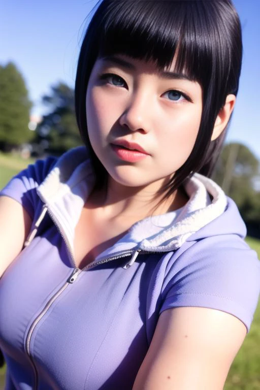 a photo of a girl, wearing a grey hoodie, hyuuga hinata, blush, byakugan, purple eyes, good hand, 4k, high-res, unparalleled masterpiece, best quality, head,((Hasselblad photography)), (finely detailed skin:1.2), sharp focus, (cinematic lighting), classroom, day, bright lighting, dynamic pose, dynamic angle, (detailed face:1.1), (outdoors, park:1.3), <lora:my_HyuugaHinata_v1:0.75>