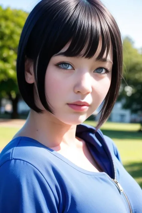 a photo of a girl, short black hair, hyuuga hinata, blush, byakugan, purple eyes, good hand, 4k, high-res, unparalleled masterpiece, best quality, head,((Hasselblad photography)), (finely detailed skin:1.2), sharp focus, (cinematic lighting), classroom, day, bright lighting, dynamic pose, dynamic angle, (detailed face:1.1), (outdoors, park:1.3), <lora:my_HyuugaHinata_v1:0.6>