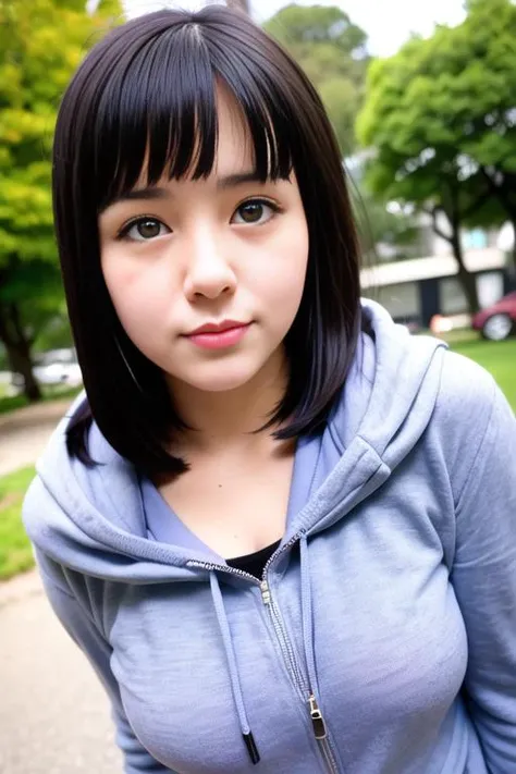 a photo of a girl, wearing a grey hoodie, hyuuga hinata, blush, byakugan, purple eyes, good hand, high detailed eyes, 4k, high-res, unparalleled masterpiece, best quality, head,((Hasselblad photography)), (finely detailed skin:1.2), sharp focus, (cinematic lighting), classroom, day, bright lighting, dynamic pose, dynamic angle, (detailed face:1.1), (outdoors, park:1.3), <lora:my_HyuugaHinata_v1:0.6>