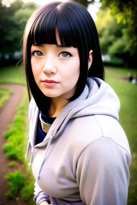 a photo of a girl, wearing a grey hoodie, hyuuga hinata, blush, (byakugan:1.2) <lora:my_HyuugaHinata_v1:0.85>, good hand, 4k, high-res, unparalleled masterpiece, best quality, head,((Hasselblad photography)), (finely detailed skin:1.2), sharp focus, (cinematic lighting), classroom, day, bright lighting, dynamic pose, dynamic angle, (detailed face:1.1), (outdoors, park:1.3),