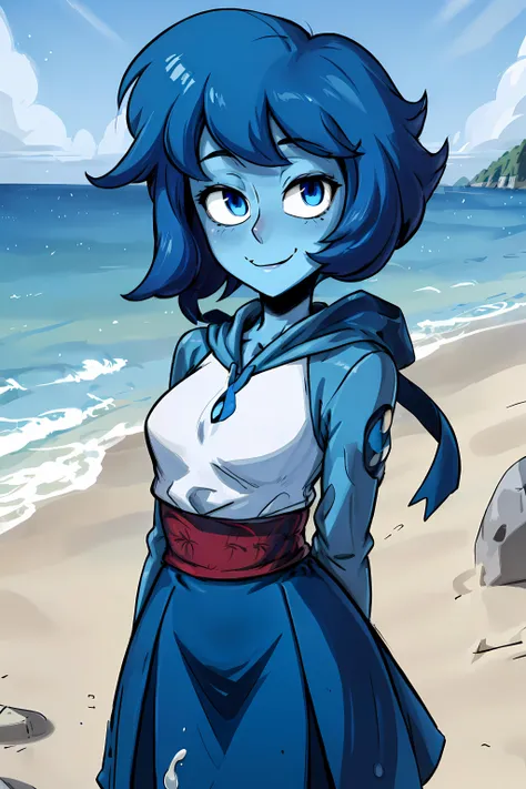 (((sfw))), <lora:LapisLazuli:1> lapislazuli, gem, female, (((blue skin))), blue hair, blue eyes, short hair, blue dress, beach background, small shy smile,