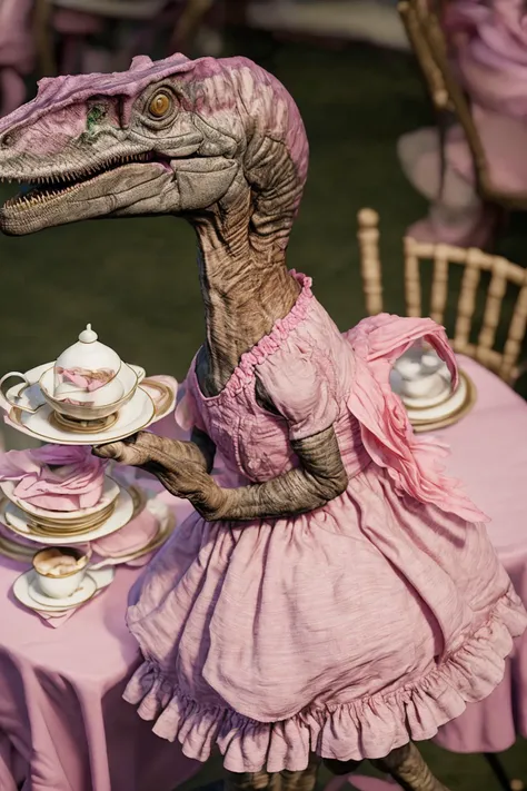 <lora:Velociraptor_Dino:1.0> Velociraptor_Dino velociraptor wearing a (pink sundress), at fancy (tea party:1.1),