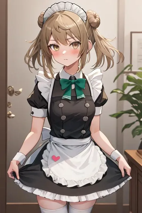 best quality, masterpiece, highres, solo, {maid:1.40}, {long maid dress:1.15}, {michishio_kantaicollection:1.15}, twintails, double_bun, hair_bun, short_twintails, light_brown_hair, brown_eyes, blush, bow, yellow_eyes