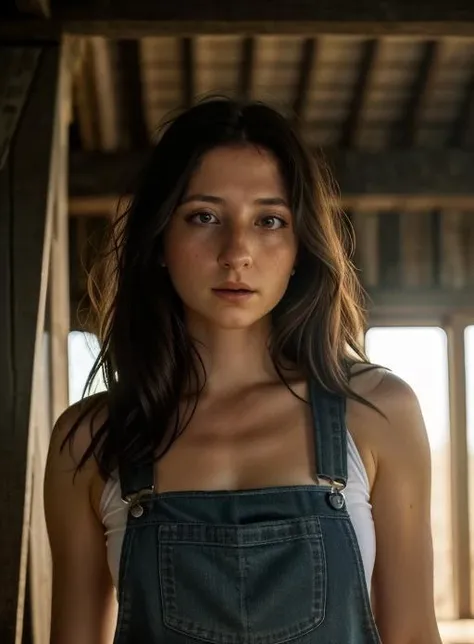 AShleyRos <lora:AShleyRos2-v15-byShurik:1>
In this intense close-up shot, the camera zooms in on a Southern gal wearing overalls, who is depicted inside a barn. The only source of light is the sun, casting moody and dramatic illumination on her figure. (Best quality: 1.3) Her overalls cling to her body, showcasing the sweat glistening on her skin, signifying her hard work and the rustic environment she finds herself in. (Detailed: 1.2) The lighting accentuates the shadows and highlights, adding depth and intensity to the scene. The play of light and shadow creates a sense of mystery and intrigue. (Moody light: 1.4) Her expression reflects determination and resilience as she engages in her work. The interplay of light and her expression conveys a raw and emotional atmosphere. (Close-up expression: 1.3) The absence of artificial light enhances the authenticity of the moment, capturing the rustic charm and ruggedness of the Southern setting. (Full body: 1.2)