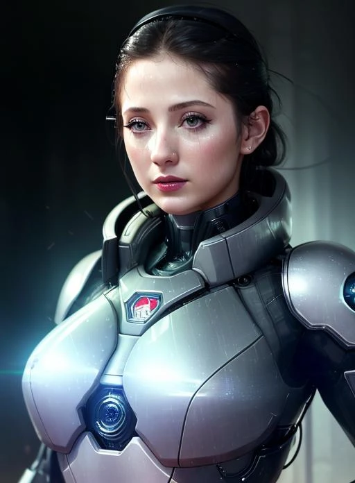 AShleyRos <lora:AShleyRos2-v15-byShurik:1>
clean skin (closeup) looking at viewer (LikenessHelpbyShurik3:1) robot In the pouring rain of a gritty New York night, a female RoboCop stands resolute at a crime scene, illuminated by the vivid hues of blue and red lights. The cascading raindrops create a mesmerizing effect, casting an ethereal glow on her sleek metallic armor. (Best quality: 1.3) Amidst the chaos and darkness, her presence exudes an air of authority and determination. The addition of vibrant red lipstick adds a subtle touch of femininity, contrasting against the coldness of her cybernetic features. It's a powerful statement, a symbol of her unwavering strength and resilience. (Detailed: 1.2) As the rain intensifies, rivulets flow down her face, blurring the line between machine and human. The glow from the lights reflects in her piercing visor, highlighting her unwavering focus and dedication to the pursuit of justice. (Rain-soaked intensity: 1.4) The scene is filled with tension and anticipation as she surveys the crime-ridden cityscape. Each drop of rain magnifies the urgency of the moment, amplifying her resolve to protect and serve. The relentless downpour serves as a metaphor for the relentless fight against crime that she embodies. (Dramatic rain-soaked atmosphere: 1.3)<lora:LuisapHumanoidRobots_v1:1>