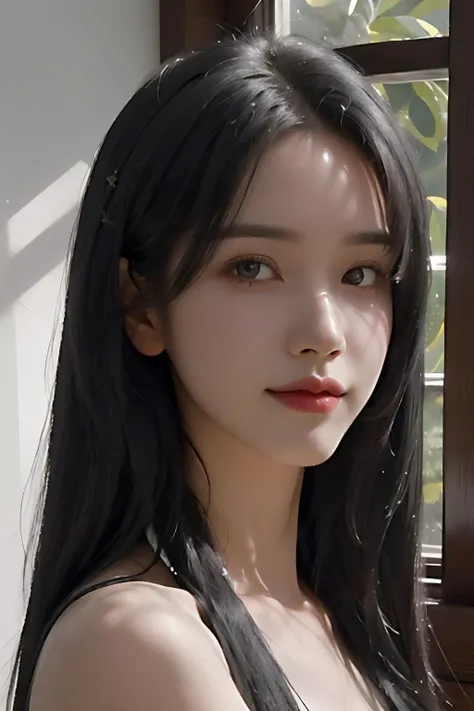 (RAW photo, best quality),(realistic, photorealistic:1.4), extremely delicate and beautiful, Amazing, finely detail, masterpiece, ultra-detailed, highres,best illustration,intricate,depth of field,(portrait of a young beautiful woman:1.2),long hair,(shy smile),(cinematic angle),sharp focus,(looking at viewer), daylight, windows