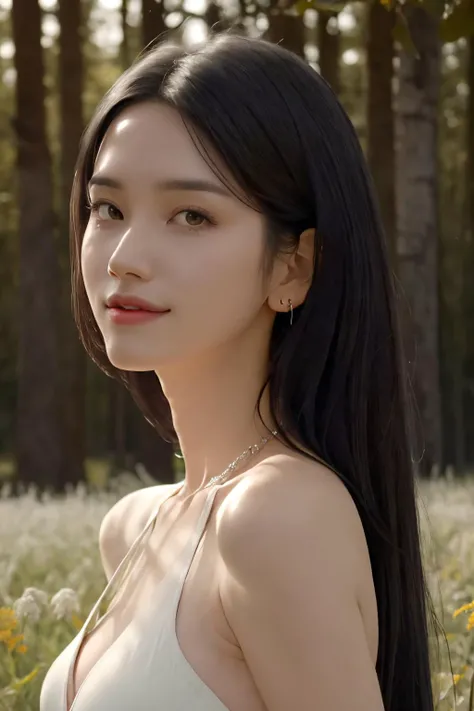 (masterpiece), a stunning photograph of young gorgeous woman, half body crop, 8k, raw photo, looking at viewer, (highly detailed skin:1.2), medium breasts, slim body,(photorealistic:1.4), white long dress, wild flowers field, solo, jewelry, earrings, heart necklace, black hair, (looking at viewer), long straight hair, brown eyes, portrait, realistic, smile, makeup, forest in background, <lora:FilmG4:0.4:PALETTE>