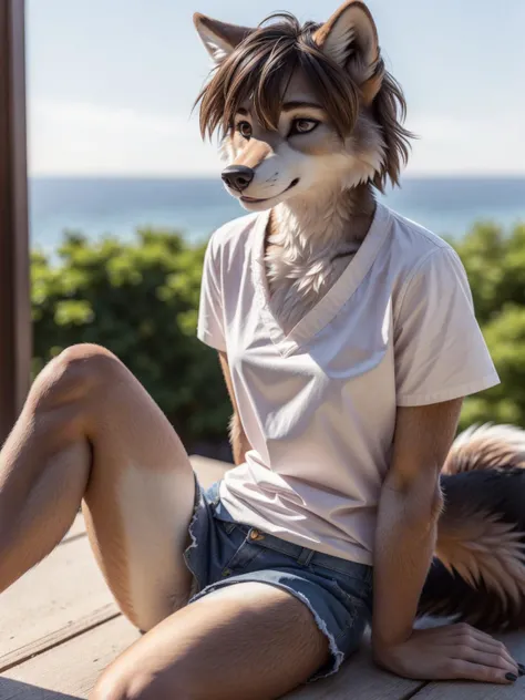 (Highest Quality, 4k, masterpiece, Amazing Details:1.1), sitting, landscape of 80's summer Enoshima, wearing a loose white shirt and cargo shorts, Shallow Depth of Field, E671, lens 50mm f/2.0, ((black anthro wolf female)), thin eyebrows, wavy short hair with flower hair ornament, (realistic fur, detailed fur texture:1.2), ((photorealistic) (RAW Photo))