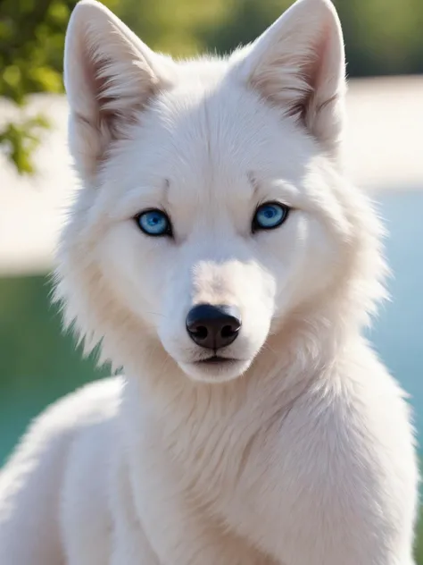 (Highest Quality, 4k, masterpiece, Amazing Details:1.1), laying near a lake,medium breast. deep blue eyes, nude, (full body:1.3) Shallow Depth of Field, E671, lens 50mm f/2.0, (( anthro white wolf female)), thin eyebrows, wavy short hair with flower hair ornament, (realistic white fur, detailed fur texture:1.2), ((photorealistic) (RAW Photo))