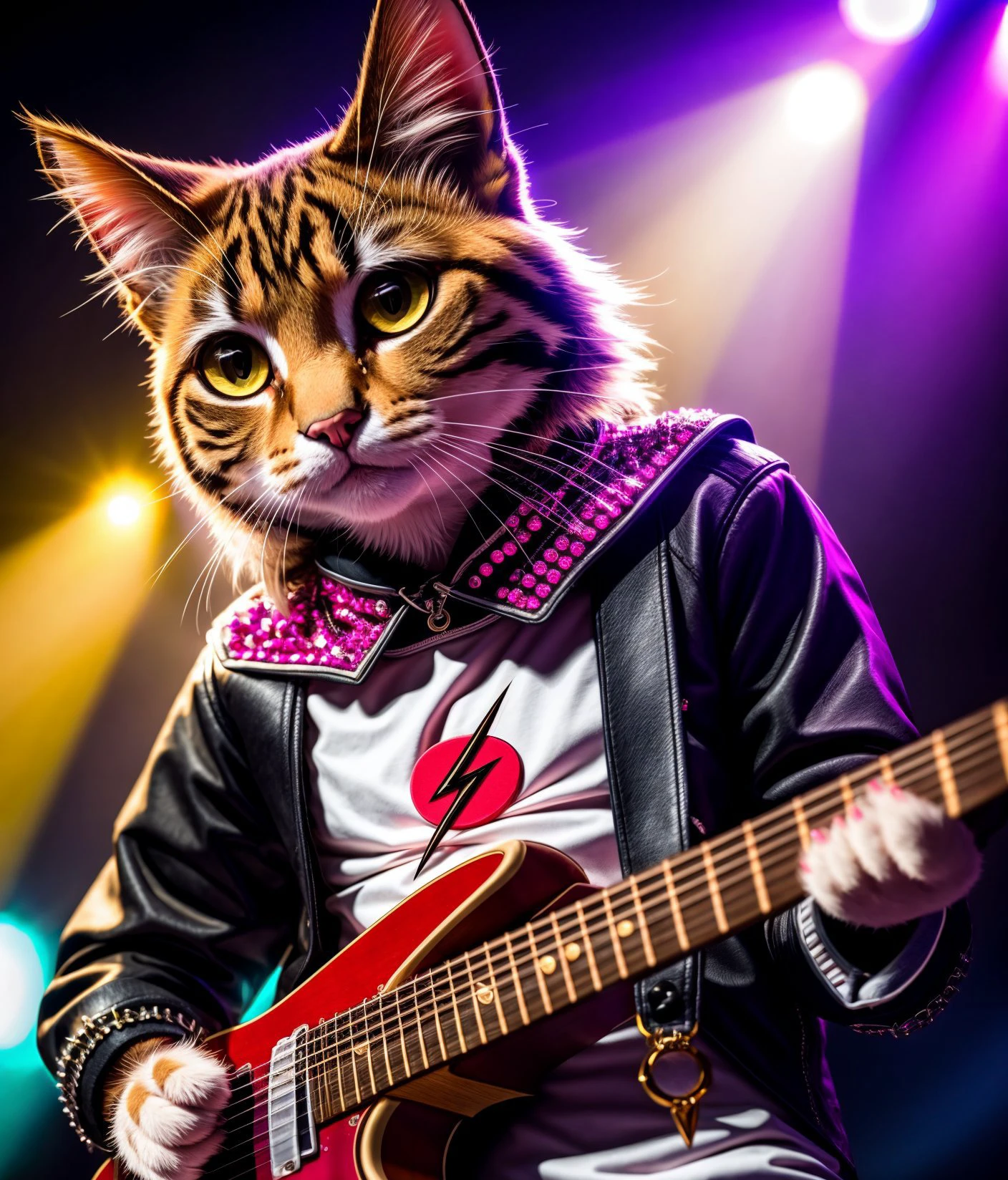 a cat, ((rocker outfit)), epic scene, dynamic camera, backlight, (close up:1.2), high quality photography, 3 point lighting, flash with softbox, 4k, Canon EOS R3, hdr, smooth, sharp focus, high resolution, award winning photo, 80mm, f2.8, bokeh
