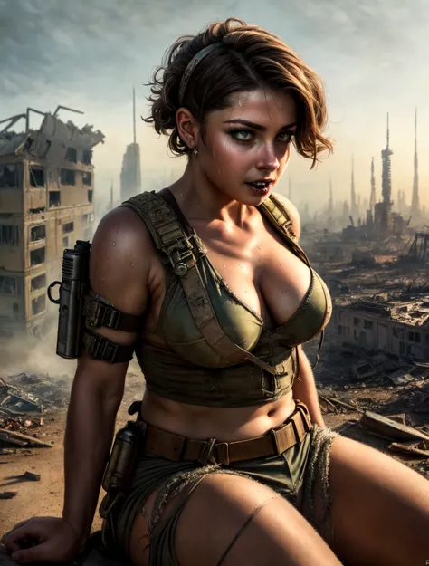 (post apocalyptic woman),(medium breast),wearing skimpy post apocalyptic clothes ,(destroyed city after nuclear blast),warzone, (post apocalyptic), looking down a hill, fangs , spicked necklance, pussy, sweat ,holding a gun, sitting on a dieselpunk car
BREAK
(masterpiece, best quality, ultra realistic, 4k, 2k, (intricate, high detail:1.2), film photography, soft focus,
RAW photo, photorealistic, analog style, subsurface scattering, photorealism, absurd res), ((closeup))
