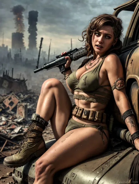 Mad Max Woman, photographrealistic, Postapocalypse、rifle、huge tit、Young woman、Lots of skin、