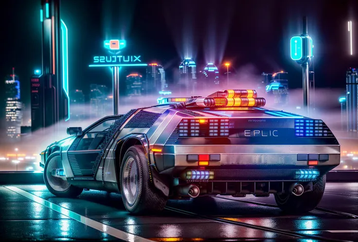 ((detailed Futuristic|Cyberpunk chrome DeLorean DMC-12)),(best automotive design), (highly detailed car emblem:1.1), futuristic night city, flying at night, dystopia,contrasting colors,automotive photoshoot in sky,city skyline, neon advertising signs on buildings , (fog), BREAK (Highest Quality, 4k,2k, masterpiece, Amazing Details:1.2),(professional photo:1.3),city light, automotive photography,Dehaze,Focus stacking, kodachrome,E671, telephoto lens 2.8mm 1/2000 F/16 ISO 50,Bracketing,DSLR,HDR,(breathtaking composition),dutch angle,(futuristic car body,detailed metalic paint texture:1.2),(detailed background),((photorealistic)(RAW Photo)),cinema photography, Bokeh, ray tracing, light rays, RAW photo, photorealistic, analog style, (subsurface scattering), photorealism, absurd res, (Full Shot), by Syd Mead|Khyzyl Saleem