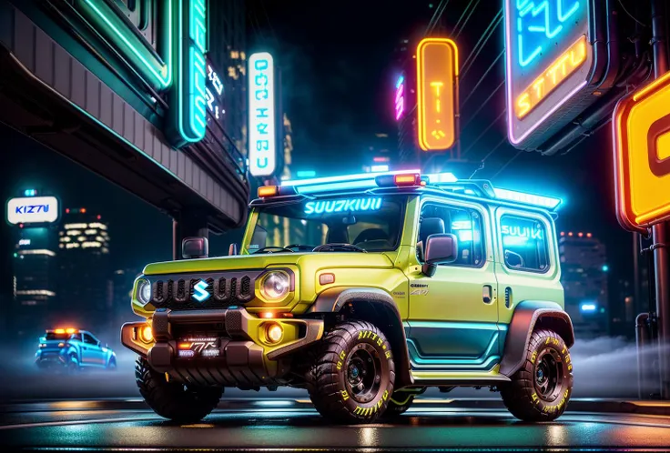 ((detailed Cyberpunk Neon Yellow off-road suzuki Jimny)),(best automotive design), (highly detailed car emblem:1.1), futuristic night city, at night, dystopia,contrasting colors,automotive photoshoot on street, neon advertising signs on buildings , (fog), BREAK (Highest Quality, 4k,2k, masterpiece, Amazing Details:1.2),(professional photo:1.3),city light, automotive photography,Dehaze,Focus stacking, kodachrome,E671, telephoto lens 2.8mm 1/2000 F/16 ISO 50,Bracketing,DSLR,HDR,(breathtaking composition),dutch angle,(futuristic car body,detailed metalic paint texture:1.2),(detailed background),((photorealistic)(RAW Photo)),cinema photography, Bokeh, ray tracing, light rays, RAW photo, photorealistic, analog style, (subsurface scattering), photorealism, absurd res, (Full Shot), by Syd Mead|Khyzyl Saleem