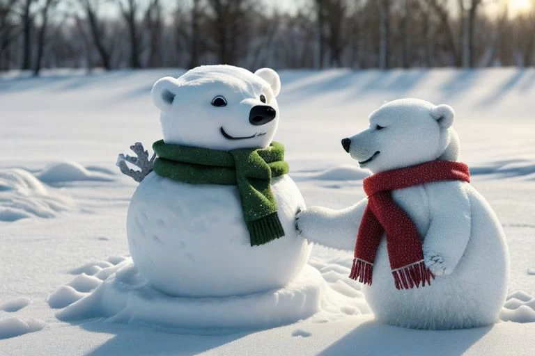 snowstyle, a cute polar bear building a snowman, wearing a red and green scarf