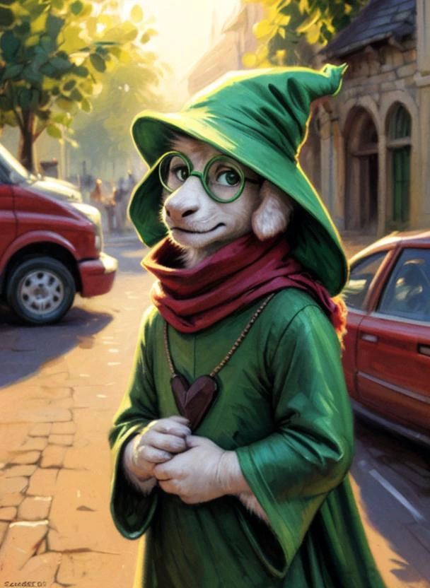 (( <lora:asriel-30:0.2>, <lora:asriel-20:0.2>, <lora:storyshiftAsriel_10:0.1>, <lora:ralsei:0.6>)), uploaded on e621, ((by Sabretoothed Ermine, by Kenket, by Supplesee, by Joaqun Sorolla)), (fluffy), solo, (goat), (red scarf, green robe, green wizard hat, green glasses), ((Ralsei)), plump, bara, smile, (pose:1.3), (posing:1.3), (soft shading), 4k, hi res, five fingers, paws, detailed hands, ((detailed face, (detailed eyes:1.0), detailed)), face portrait, walk, (hanging goat ears), road, car, driving, landscape, portrait, detailed background, closeup portrait of a strikingly beautiful medieval princess in a medieval street, (((backlighting))), realistic, masterpiece, highest quality, puddle, lens flare, shade, ((bloom)), (chromatic aberration), digital painting, shallow depth of field, Giorgio Cavallon