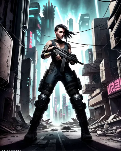 ((cyberpunk)), ((raw photo)), soldier woman wearing post-apocalyptic overall holding a machinegun in a destroyed town after a ((nuclear blast)), dynamic pose, dynamic camera