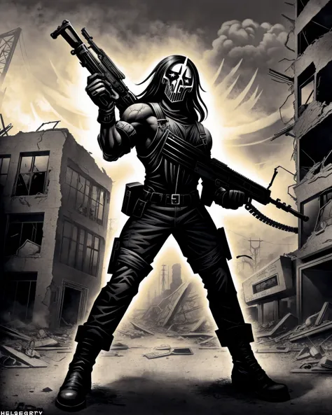 ((black metal guy)), soldier woman wearing post-apocalyptic overall holding a machinegun in a destroyed town after a ((nuclear blast)), dynamic pose, dynamic camera