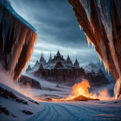 ((Ice giant Hrimthurse))RAW photo, (epic ice landscape), masterpiece, ((dieselpunk)), smoke, best quality, dynamic pos, ultra detailed, metal plates, rust, full body, fluid movement, light trail, dramatic lighting, red tone,  short_hair, Photorealistic, Hyperrealistic, Hyperdetailed, analog style,soft lighting, subsurface scattering, realistic, heavy shadow, masterpiece, best quality, ultra realistic, 8k, High Detail, film photography, soft focus,