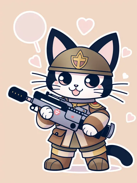((a cute cat soldier)), majestic, (fighting in WW1 trenches),holding a maschine gun,warzone, explosions, masterpiece, best quality, Sticker, Cute sticker, Kawaii sticker, die-cut, plain background, illustration minimalism, vector, pastel colors, kawaii