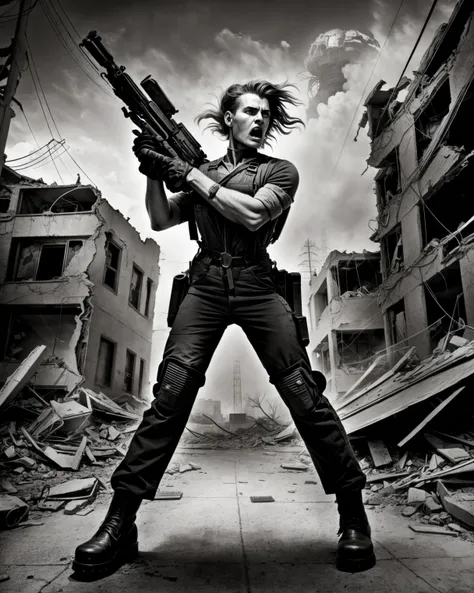 ((horror)), ((raw photo)), soldier woman wearing post-apocalyptic overall holding a machinegun in a destroyed town after a ((nuclear blast)), dynamic pose, dynamic camera