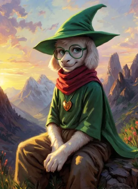 (( <lora:asriel-30:0.2>, <lora:asriel-20:0.2>, <lora:storyshiftAsriel_10:0.1>, <lora:ralsei:0.6>)), uploaded on e621, ((by Sabretoothed Ermine, by Kenket, by Supplesee, by Joaqun Sorolla)), (fluffy), solo, kid, child, (goat), (red scarf, green robe, green wizard hat, green glasses), ((Ralsei)), plump, bara, smile, (pose:1.3), (posing:1.3), (soft shading), 4k, hi res, five fingers, paws, detailed hands, ((detailed face, (detailed eyes:1.0), detailed)), face portrait, sitting, (hanging goat ears), cyberpunk background, masterpiece, landscape, portrait, detailed background, outside, sunset, forest, mountain, mountains in the distance, closeup portrait of a strikingly beautiful medieval princess in a medieval street, (((backlighting))), realistic, masterpiece, highest quality, puddle, lens flare, shade, ((bloom)), (chromatic aberration), digital painting, shallow depth of field, Giorgio Cavallon
