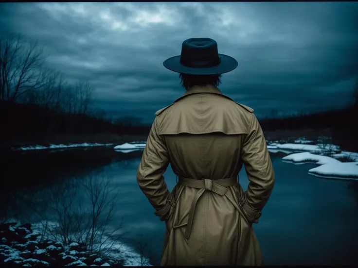 by TarÅ Okamoto, photograph, surreal, shot from behind of a musician man broken drowning in despair and sorrow, wide brim hat, trench coat, Winter, monotype, short lighting, sharp, focussed, Fujicolor Pro 400H, Circular polarizer