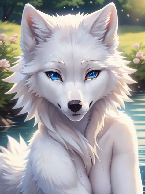(Highest Quality, 4k, masterpiece, Amazing Details:1.1), laying near a river ,medium breast. deep blue eyes, (full body:1.3) Shallow Depth of Field, E671, lens 50mm f/2.0, ((anthro white wolf female:1.4)), thin eyebrows, wavy short hair with flower hair ornament, (realistic white fur, detailed fur texture:1.5), ((anime:1.4) ), armpit, sweat,