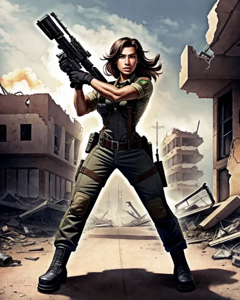 ( Mexican)), soldier woman wearing post-apocalyptic overall holding a machinegun  in a destroyed town after a ((nuclear blast)), dynamic pose, dynamic camera