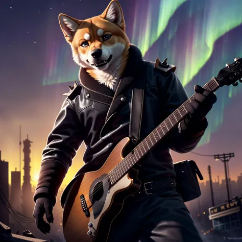 (Highest Quality, 4k, masterpiece:1.1), (realism, photorealistic:1.4), ray traced, hyper realism, soft lighting, detailed background, film grain, (detailed fur texture:1.3),
BREAK
((black metal)) anthro shiba inu plays his guitar on the last day on earth ,(wearing black metal outfit),(( post-apocalyptic destroyed dieselpunk city background)) , fangs , angry, paws,(new dawn), (aurora borealis) , closeup