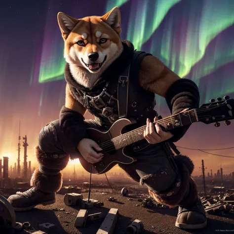 (Highest Quality, 4k, masterpiece:1.1), (realism, photorealistic:1.4), ray traced, hyper realism, soft lighting, detailed background, film grain, (detailed fur texture:1.3),
BREAK
((black metal)) anthro shiba inu plays his guitar on the last day on earth ,(wearing black metal outfit),(( post-apocalyptic destroyed dieselpunk city background)) , fangs , angry, paws,(new dawn), (aurora borealis) , closeup