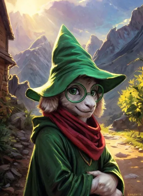(( <lora:asriel-30:0.2>, <lora:asriel-20:0.2>, <lora:storyshiftAsriel_10:0.1>, <lora:ralsei:0.6>)), uploaded on e621, ((by Sabretoothed Ermine, by Kenket, by Supplesee, by Joaqun Sorolla)), (fluffy), solo, ???, child, (goat), (red scarf, green robe, green wizard hat, green glasses), ((Ralsei)), plump, bara, smile, (pose:1.3), (posing:1.3), (soft shading), 4k, hi res, five fingers, paws, detailed hands, ((detailed face, (detailed eyes:1.0), detailed)), face portrait, sitting, (hanging goat ears), cyberpunk background, masterpiece, landscape, portrait, detailed background, outside, sunset, forest, mountain, mountains in the distance, closeup portrait of a strikingly beautiful medieval princess in a medieval street, (((backlighting))), realistic, masterpiece, highest quality, puddle, lens flare, shade, ((bloom)), (chromatic aberration), digital painting, shallow depth of field, Giorgio Cavallon