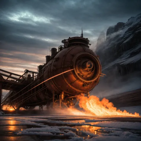 RAW photo, (epic ice landscape), masterpiece, ((dieselpunk)), smoke, best quality, dynamic pos, ultra detailed, reflective puddles, metal plates, rust, full body, fluid movement, light trail, dramatic lighting, red tone, short_hair, Photorealistic, Hyperrealistic, Hyperdetailed, analog style, detailed skin, matte skin, soft lighting, subsurface scattering, realistic, heavy shadow, masterpiece, best quality, ultra realistic, 8k, High Detail, film photography, soft focus,
